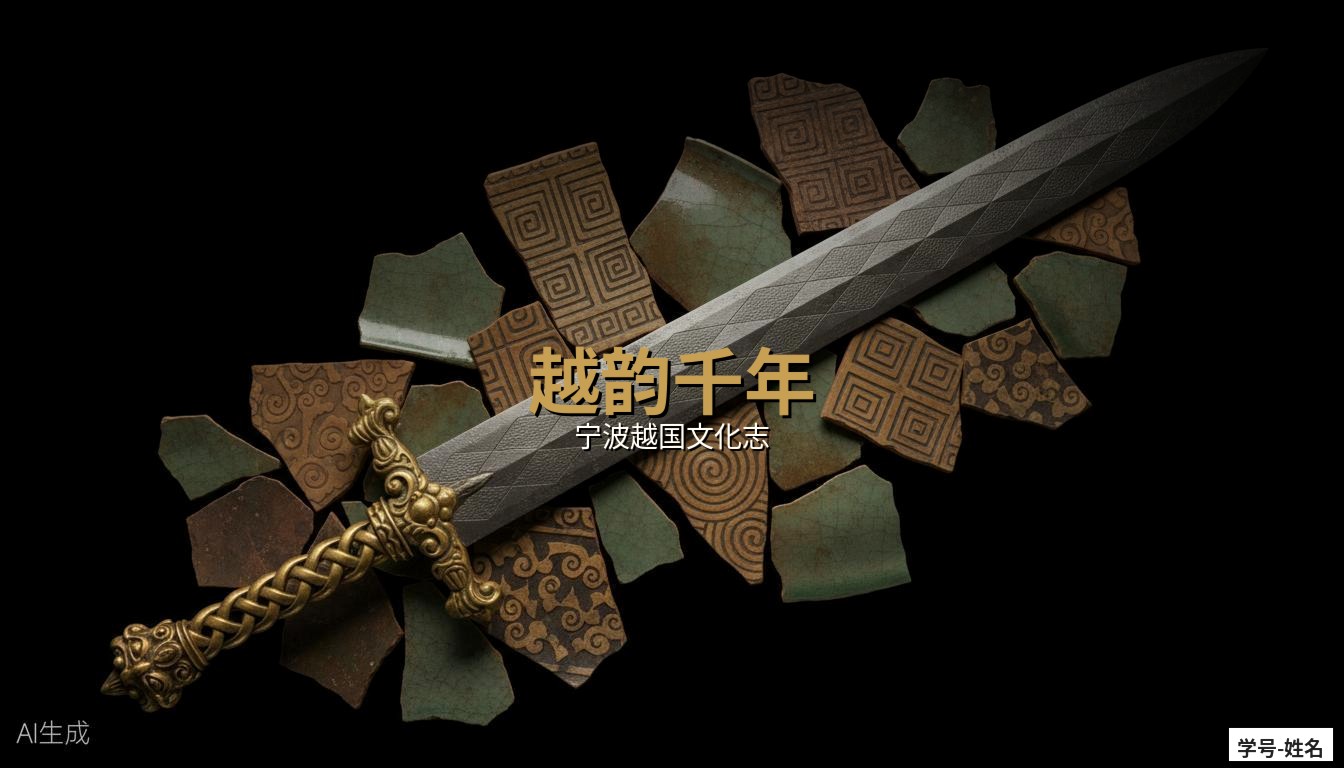 越韵千年融合创作图 - 青铜剑与印纹陶、青瓷碎片的艺术拼贴，融合渐变蒙版、文字叠加、滤镜处理等效果